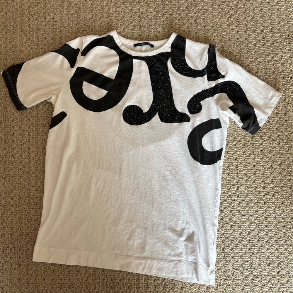 Luisa Cerano Stylish Black and White Short Sleeve Tee with Black Rhinestones